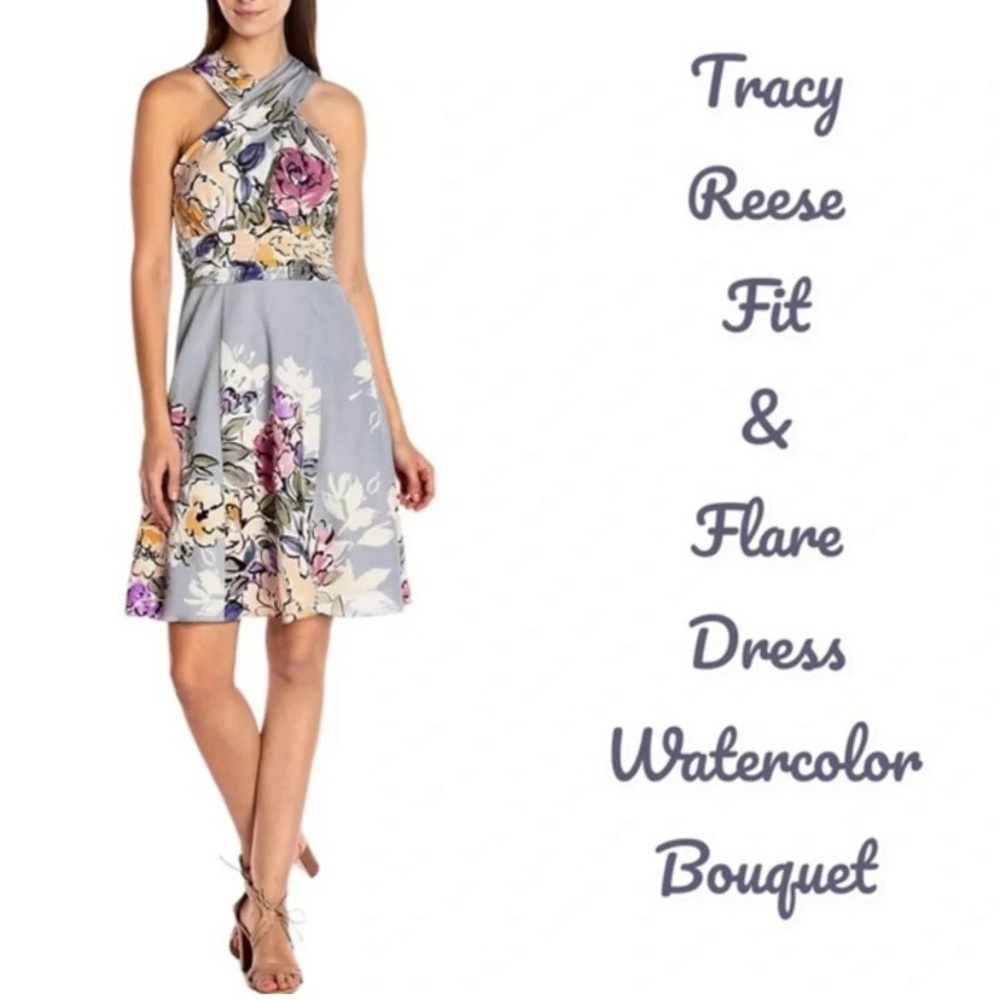 Tracy Reese Blue Grey Floral Crepe Fit And Flare Watercolor Dress 🌴